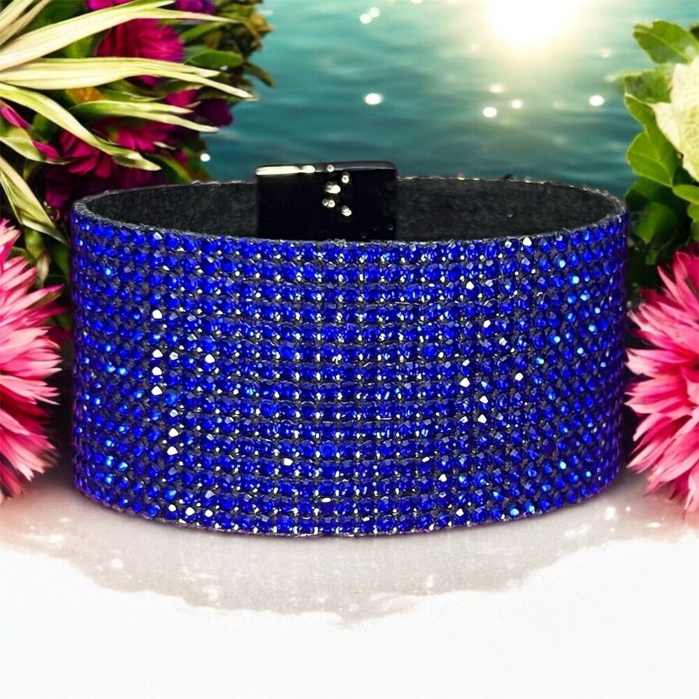 Blue Rhinestone Cuff Bracelet Sparkling Crystal Jewelry